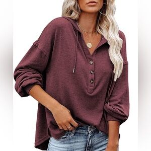 NWT LuckyMore Purple Long Sleeve Hoodie V Neck Button Pullover Tunic Top, Sz 2XL